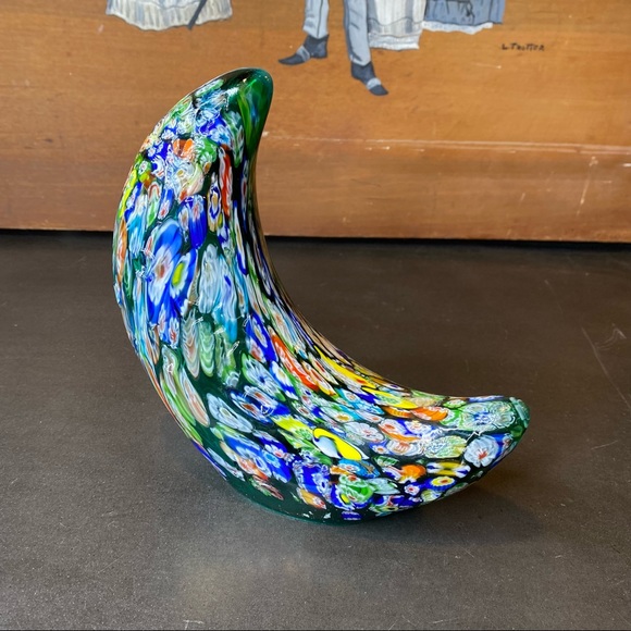 Handblown Green Glass Crescent Moon with Millefiori Murrine Color Detail
